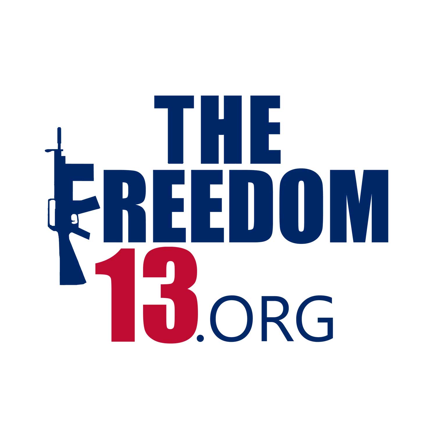 Logo for TheFreedom13.org with a blue rifle silhouette on the left and bold blue text 'THE FREEDOM' above a red '13' and '.ORG' on white background.